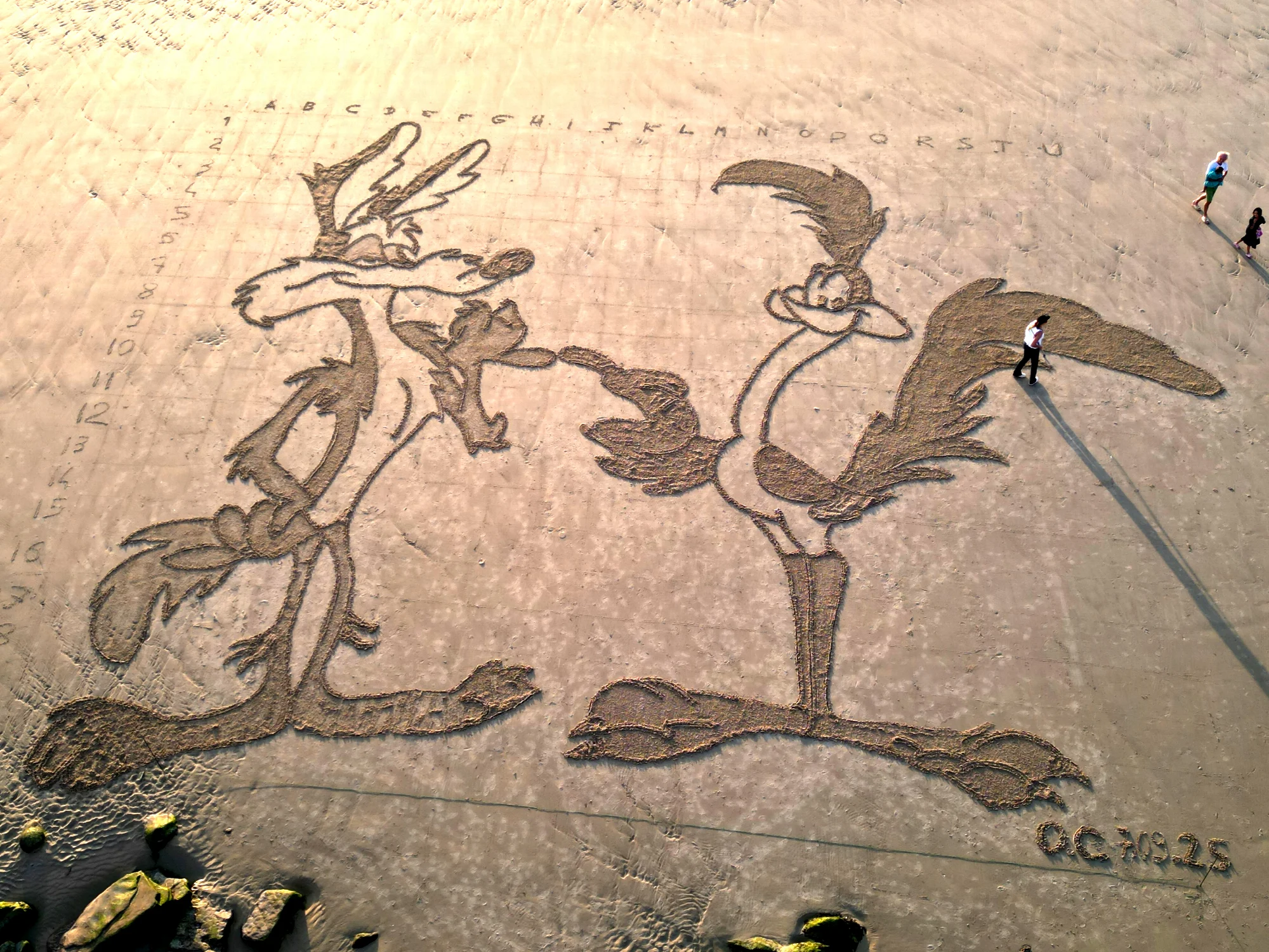 Fresque monumentale de Vil Coyote et Bip Bip tracée dans le sable avec plusieurs participants