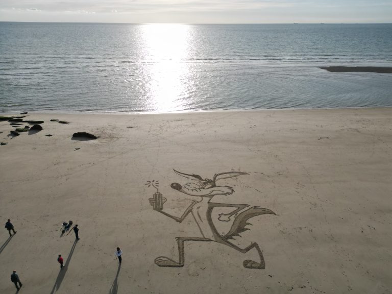 Fresque Coyote tracée dans le sable sur la plage du Portel, vue du ciel